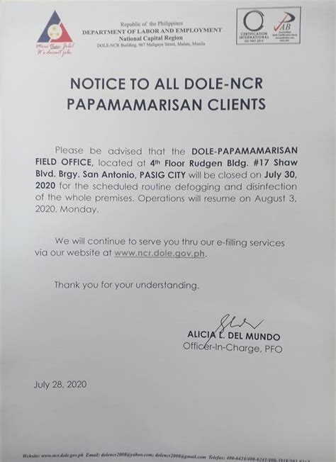DOLE NCR PAPAMAMARISAN Field Office, 4/F Rudgen Bldg. 2, No. 17 S.